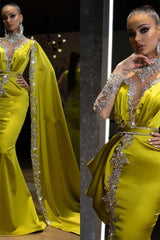 Mermaid High Neck Floor-length Long Sleeve With Shawl Applique Prom Dress-Ballbella