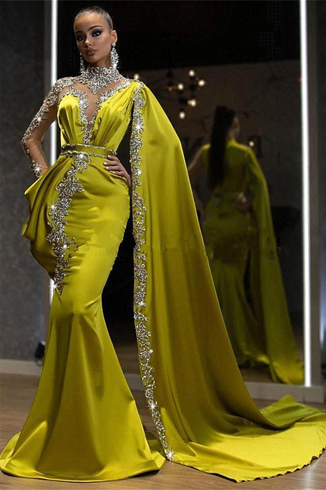 Mermaid High Neck Floor-length Long Sleeve With Shawl Applique