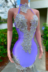 Mermaid High Neck Floor-length Sleeveless Open Back Appliques Lace Beaded Prom Dress With Feather-Ballbella