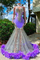 Mermaid High Neck Floor-length Sleeveless Open Back Appliques Lace Beaded Prom Dress With Feather-Ballbella