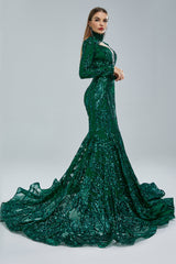 Mermaid High Neck Lace Sequined Floor-length Long Sleeve Elegant Prom Dress-Ballbella