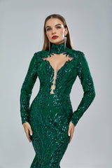 Mermaid High Neck Lace Sequined Floor-length Long Sleeve Elegant Prom Dress-Ballbella