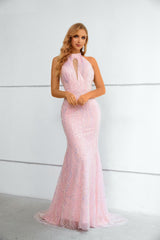 Mermaid High Neck Lace Sequined Floor-length Sleeveless Backless Prom Dress-Ballbella