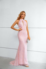 Mermaid High Neck Lace Sequined Floor-length Sleeveless Backless Prom Dress-Ballbella