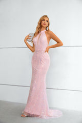 Mermaid High Neck Lace Sequined Floor-length Sleeveless Backless Prom Dress-Ballbella
