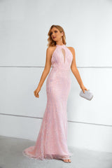 Mermaid High Neck Lace Sequined Floor-length Sleeveless Backless Prom Dress-Ballbella