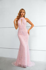 Mermaid High Neck Lace Sequined Floor-length Sleeveless Backless Prom Dress-Ballbella