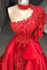 Mermaid High Neck One Shoulder Floor-length Half Sleeve Appliques Lace With Side Train Prom Dress-Ballbella
