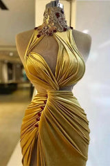 Mermaid High Neck Ruffles Floor-length Sleeveless Rhinestone High Split Prom Dress-Ballbella