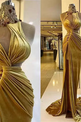 Mermaid High Neck Ruffles Floor-length Sleeveless Rhinestone High Split Prom Dress-Ballbella