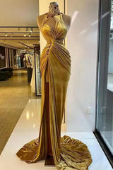 Mermaid High Neck Ruffles Floor-length Sleeveless Rhinestone High Split Prom Dress-Ballbella