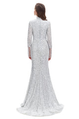 Mermaid High Neck Sequined Floor-length Long Sleeve Prom Dress-Ballbella