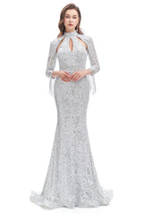 Mermaid High Neck Sequined Floor-length Long Sleeve Prom Dress-Ballbella