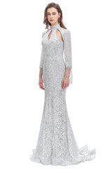 Mermaid High Neck Sequined Floor-length Long Sleeve Prom Dress-Ballbella