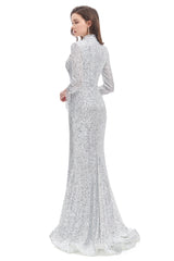 Mermaid High Neck Sequined Floor-length Long Sleeve Prom Dress-Ballbella