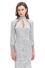 Mermaid High Neck Sequined Floor-length Long Sleeve Prom Dress-Ballbella