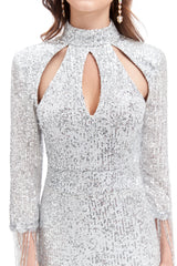 Mermaid High Neck Sequined Floor-length Long Sleeve Prom Dress-Ballbella