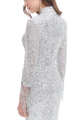 Mermaid High Neck Sequined Floor-length Long Sleeve Prom Dress-Ballbella