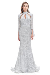 Mermaid High Neck Sequined Floor-length Long Sleeve Prom Dress-Ballbella