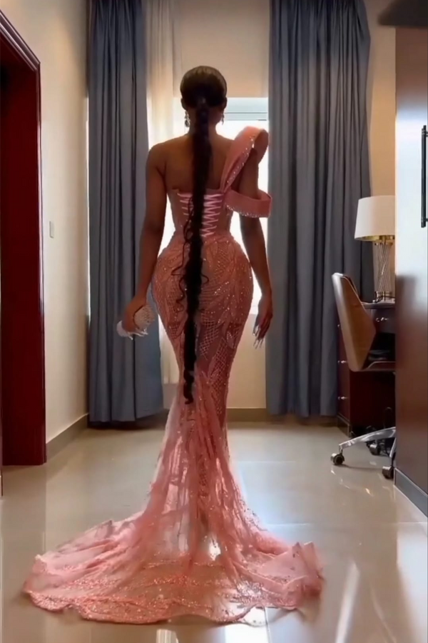 Mermaid Jewel Floor-length Sleeveless Appliques Lace Sequined Prom Dress-Ballbella