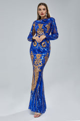 Mermaid Jewel Lace Sequined Floor-length Long Sleeve Detachable Train Elegant Prom Dress-Ballbella