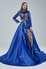 Mermaid Jewel Lace Sequined Floor-length Long Sleeve Detachable Train Elegant Prom Dress-Ballbella