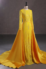 Mermaid Jewel Lace Sequined Floor-length Long Sleeve Detachable Train Elegant Prom Dress-Ballbella