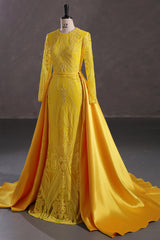 Mermaid Jewel Lace Sequined Floor-length Long Sleeve Detachable Train Elegant Prom Dress-Ballbella