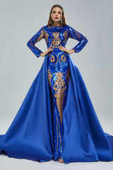 Mermaid Jewel Lace Sequined Floor-length Long Sleeve Detachable Train Elegant Prom Dress-Ballbella
