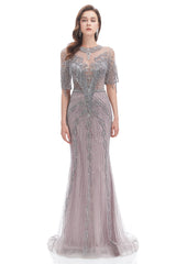 Mermaid Jewel Sequined Floor-length Half Sleeves Beading Prom Dress-Ballbella