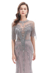 Mermaid Jewel Sequined Floor-length Half Sleeves Beading Prom Dress-Ballbella