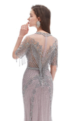 Mermaid Jewel Sequined Floor-length Half Sleeves Beading Prom Dress-Ballbella