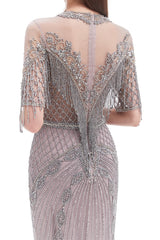 Mermaid Jewel Sequined Floor-length Half Sleeves Beading Prom Dress-Ballbella