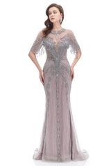 Mermaid Jewel Sequined Floor-length Half Sleeves Beading Prom Dress-Ballbella