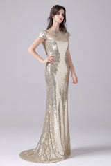 Mermaid Jewel Sequined Floor Length Short sleeves mother's dress-Ballbella