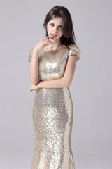Mermaid Jewel Sequined Floor Length Short sleeves mother's dress-Ballbella