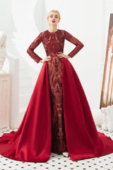 Mermaid Jewel With Detachable Train Sequined Floor-length Long Sleeve Appliques Lace Prom Dress-Ballbella