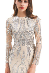 Mermaid Jewel With Detachable Train Sequined Floor-length Long Sleeve Appliques Lace Prom Dress-Ballbella