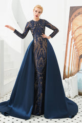 Mermaid Jewel With Detachable Train Sequined Floor-length Long Sleeve Appliques Lace Prom Dress-Ballbella
