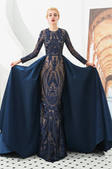 Mermaid Jewel With Detachable Train Sequined Floor-length Long Sleeve Appliques Lace Prom Dress-Ballbella