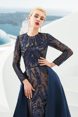 Mermaid Jewel With Detachable Train Sequined Floor-length Long Sleeve Appliques Lace Prom Dress-Ballbella