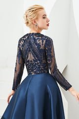 Mermaid Jewel With Detachable Train Sequined Floor-length Long Sleeve Appliques Lace Prom Dress-Ballbella