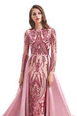 Mermaid Jewel With Detachable Train Sequined Floor-length Long Sleeve Appliques Lace Prom Dress-Ballbella