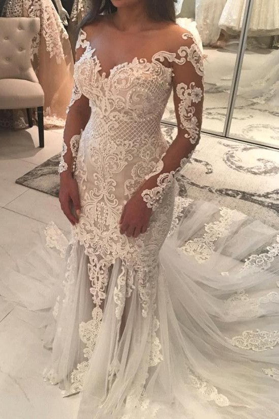 long sleeve lace wedding dress long train White Lace Wedding dress shein with Deep V-Neck and Mesh Sleeves