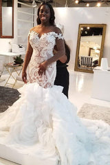 Mermaid Lace Appliques Tulle Wedding Dresses Long Sleevess Delicate Bridal Gowns-Ballbella