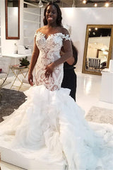 Mermaid Lace Appliques Tulle Wedding Dresses Long Sleevess Delicate Bridal Gowns-Ballbella