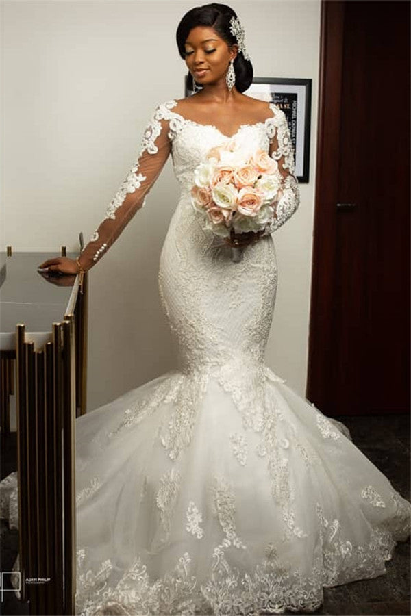 Mermaid Lace Appliques Wedding Dresses with Sleeves Modern Plus
