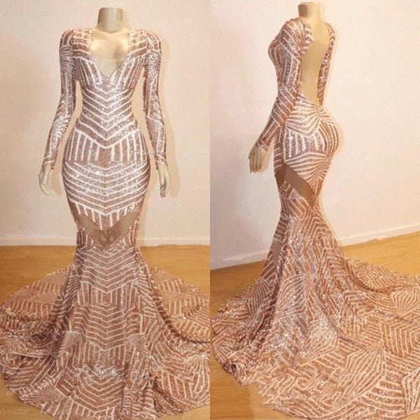 Ballbella offers Mermaid Long Sleevess V-neck Sequined Sweep Train Prom Dresses at a cheap price from Sequined to Mermaid hem. Gorgeous yet affordable Long Sleevess Real Model Series.