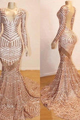 Mermaid Long Sleevess V-neck Sequined Sweep Train Prom Dresses-Ballbella