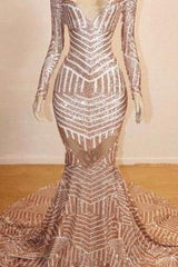 Mermaid Long Sleevess V-neck Sequined Sweep Train Prom Dresses-Ballbella